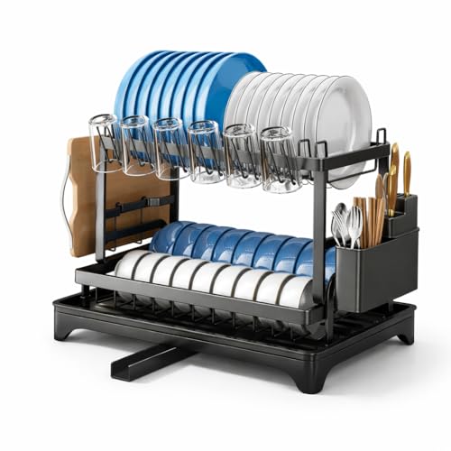 Escorredor de Louça - Com Bandeja Para Saída de Água - Para Pratos de Jantar, Talheres e Copos (Preto, 2 Andares)