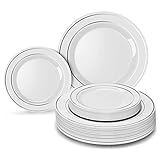 Heavyweight Disposable Plates for Party - 30 Dinner Plates + 30 Desert Plates.White Plastic Wedding Plates with Silver Rim Disposable Plates 60 PC. Real China Design Disposable Plates Set for Parties.