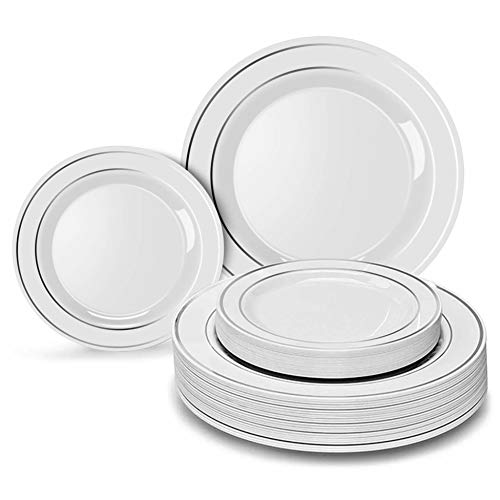 Heavyweight Silver Plastic Plates - 30 Dinner Plates + 30 Desert Plates. White Plastic Wedding Plates with Silver Rim Disposable Plates 60 PC. Masterpiece Disposable Plastic Plates Set for Parties