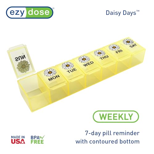 Image of EZY DOSE Weekly (7-Day) Daily Pill Case, Medicine Planner, Vitamin Organizer, Supplement Container, Large Compartments, Yellow Daisy Days Design, Easy-to-Open, Travel-Friendly, BPA Free