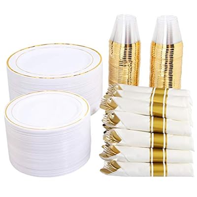 WELLIFE 350 Pieces Gold Plastic Plates - Disposable Silverware and Cups, Include: 50 Dinner Plates 10.25”, 50 Dessert Plates 7.5”, 50 Gold Rim Cups 9 OZ, 50 Gold Cutlery for Thanksgiving
