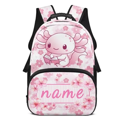 Custom Name Axolotl Backpack for School Girls 17 Inch Bookbag for 2Nd Grade Lightweight Back to School Personalized Bookbag for Little Girl