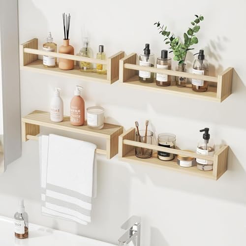 Yahbrra Wandregal Kinderzimmer Regal Wand Schweberegal: für Wohnzimmer Küche Arbeitszimmer Badezimmer Deko Wohnzimmer Gewürzregal Wand Wandregal Holz (Holzfarbe, 3-teiliges Set 42x10x9cm)