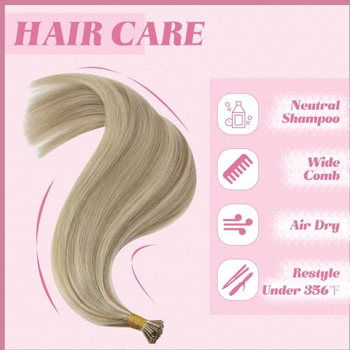 Image of YoungSee I Tip Extensions Highlight Blonde, Itip Human Hair Extensions, Light Blonde Highlight Golden Blonde, Human Hair Extension I Tip, 16 Inch 65 Strands 50g, Easy to Wear for Girls