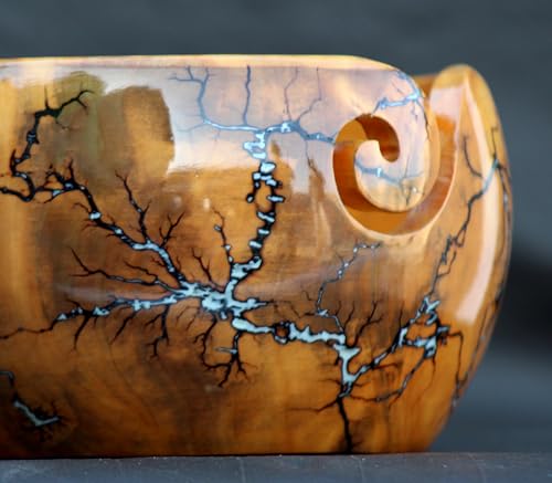 Image of Lichtenberg Figure Yarn Bowl - Handmade Wooden Yarn Bowl for Knitting Yarn Ball Holder - Yarn Bowls with Holes Crochet Bowl Holder - Yarn Storage Bowl 7 inch x 4 inch inches (Sky-Blue Resin Yarn Bowl)