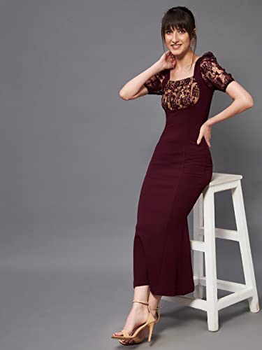Image of Miss Chase Womens Bodycon Square Puff Sleeve Solid Lace Overlaid Ankle Length Dress