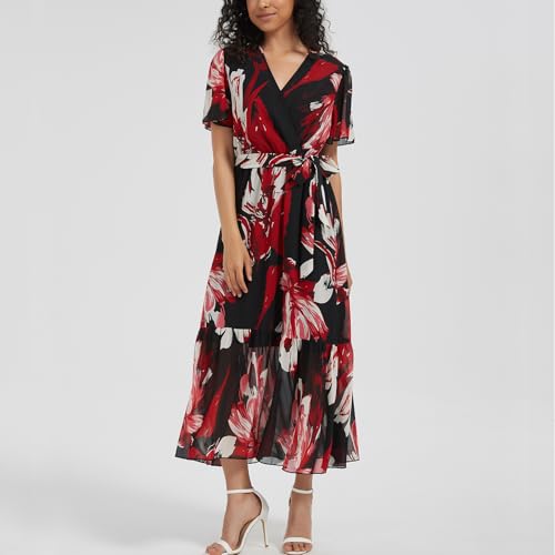 Image of Women's Summer Bohemian Floral Chiffon Dress Cap Sleeve V Neck Ruffle Long Flowy Boho Casual Vacation Dresses