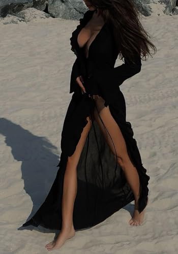 NRTHYE Women Mesh Long Flowy Kimono Cardigan Sexy Sheer Long Sleeve Ruffled Chiffon Duster Robe Summer Beach Cover Up2