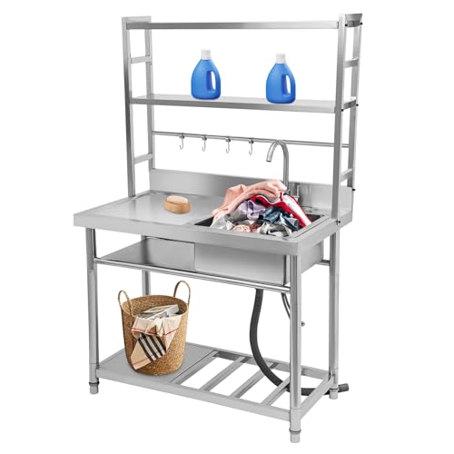 HUSPOO Évier de cuisine en acier inoxydable avec meuble bas et 4 crochets, 100 x 50 cm, pour extérieur, cuisine de jardin et camping, avec robinet et...