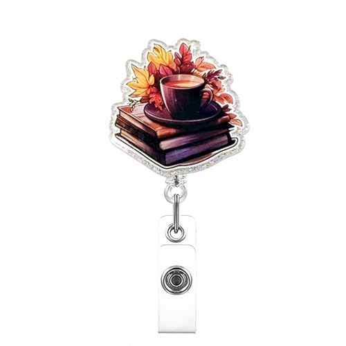 Fall Coffee Badge Reel Retractable Maple Leaves Book Acrylic Badge