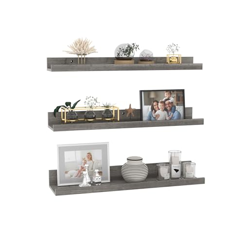 Giftgarden 24 Inch Grey Floating Shelves for Wall Mount, Gray Wood Wall Shelf Ledge for Bathroom Bedroom Living Room Kitchen Storage, Set of 3 Different Sizes