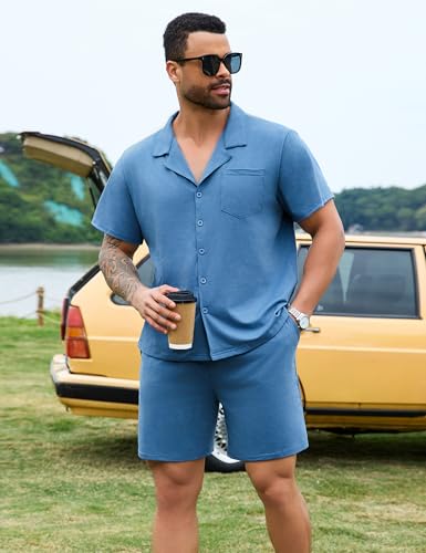 Irdcomps Pyjama Homme Coton Court Ete Ensemble de Pyjamas été Vêtements De Nuit Vêtements de détente à Manches Short Pyjama Loungewear 2 Pièces Confortable Doux 25#Bleu XL – vue 2