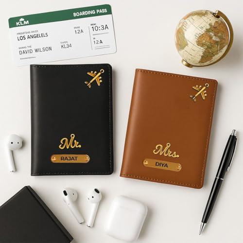 Image of ncgifts Personalised Passport Cover for Couple | Set of 2 PU Leather Customised Passport Holder with Name & 80+ | Charms Premium Gift Box | Anniversary, Wedding, Honeymoon Gift | 6+ Colours