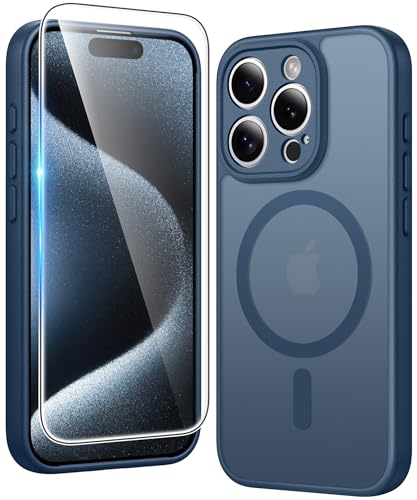 Image of FNTCASE for iPhone 15 Pro-Max Case: Matte Magnetic Phone Cases with Screen Protector Compatible with Magsafe Slim Anti Yellowing Rugged Shockproof Protective Translucent Cell Phone Cover (C-Blue)