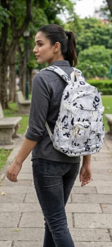 Image of YUMA Graffiti Print Backpack, White and Black, Multi-Pocket, Casual Style, for Women