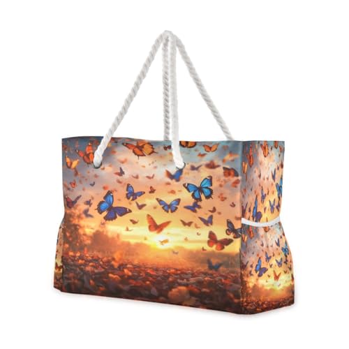 Large Beach Bags Totes Canvas Tote Shoulder Bag Dreamy Butterfly Swarm Water Resistant Bags for Gym Travel Daily