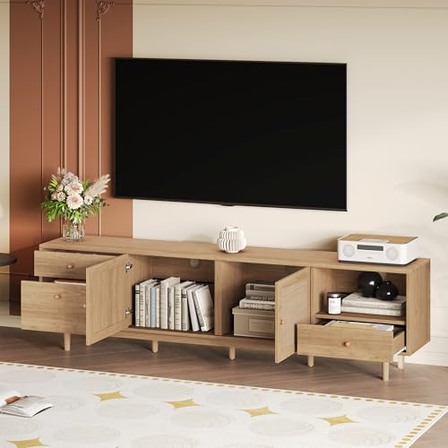 Merax 76'' Boho TV Stand for 65 to 85 Inch TVs, Entertainment Center with Real Rattan Doors, Drawers & Open Storage, Modern Wood Media Console for Living Room, Natural by Merax - Image 7