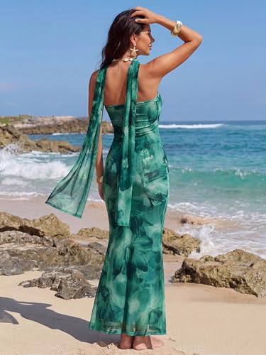 Image of LUXVEER Women's Strapless Tube Dress Mesh Floral Summer Bodycon Long Maxi Cocktail Party Wedding Guest Dresses with Scarf