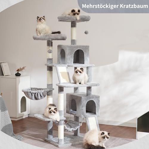 Gitelsnour Kratzbaum, Katzenbaum für Innenbereich, 180cm Katzenkratzbaum mit große ausgewachsene Katzen, 2 Kratzbrettern, 7 kratzbaume, 2 Plüsch-Plattformen, 2 Katzenhöhlen, Hellgrau GCT032W