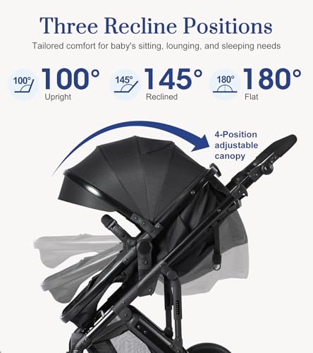 2-in-1 Convertible Baby Stroller with Bassinet Mode, Bassinet Stroller with Reversible Seat, Folding Infant Stroller with Adjustable Backrest & Awning, Toddler Pushchair for 0-36 Months, Black - Thumbnail 3