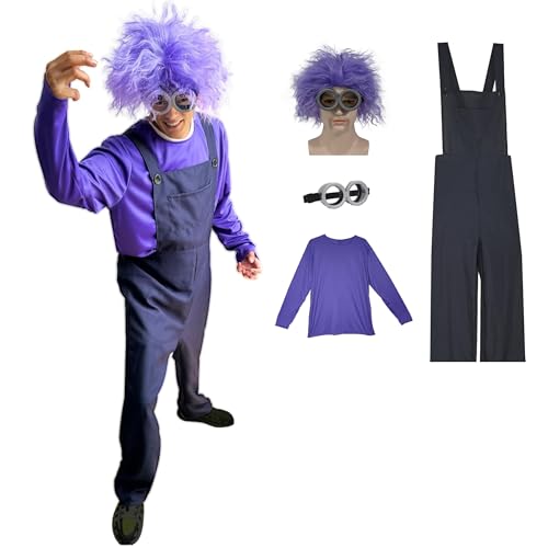 ZNTU Halloween Evil Costume Onesie Adult with Goggles Glasses Purple Culry Fluffy Wig for Women Men Cosplay Party Set