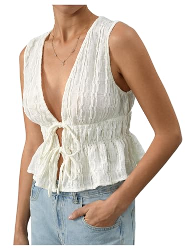 MakeMeChic Women's Tie Front Tank Top Sleeveless Ruffle Hem Crop Going Out Tops