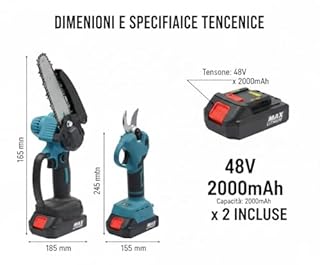Kit Potatura Elettrico a Batteria 2 in 1 – Mini Motosega + Forbici da Potatura – 2 Batterie Ricaricabili, Valigetta Rigida, Taglio Rapido per Giardino e Alberi