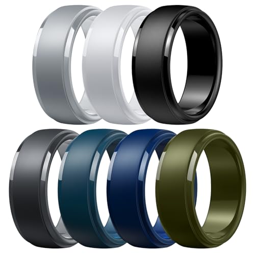 Image of Egnaro Men's Silicone Wedding Rings: Classic Black Step Edge Rubber band 10mm Wide 2.5mm Thick- Hypoallergenic for Gym /Outdoor /Gift(1 /4 /7 Variety Pack with Half Size)