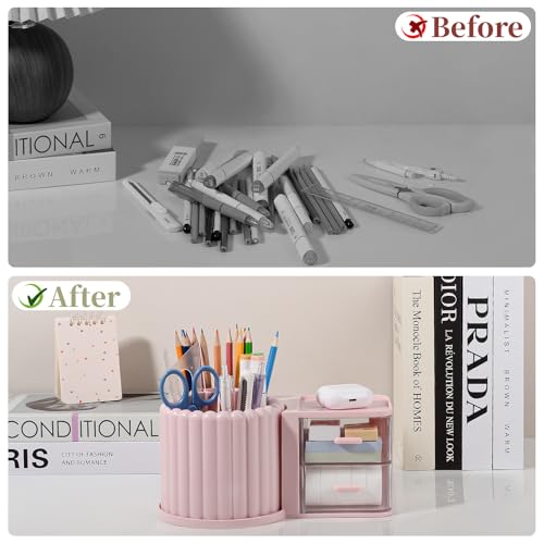 Image of Anyoifax 360 Rotating Pen Holder 7 Slots Desk Organizer with Drawer Removable Pencil Cup Plastic Art Supplies and Accessories Desktop Storage Box Caddy for Office, School, Home (Pink)