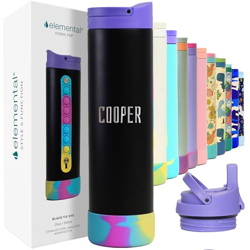 Elemental Iconic Kids Personalized Water Bottle with Straw Lid & Stress Relief Pop It Handle, Custom Triple Insulated Kids Stainless Steel Water Bottle For Girls & Boys, 20oz - Black Tie Dye