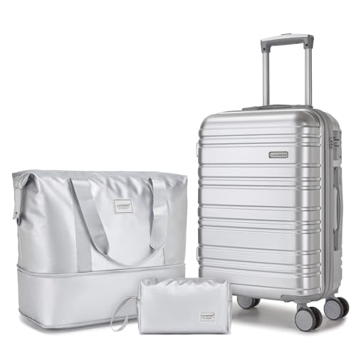Image of LARVENDER Carry on Luggage 22x14x9 Airline Approved, 20 Inch Hardside Suitcase with Wheels TSA Lock, PC+ABS Lightweight Travel Luggage Sets for Women, Glossy Silver, 3 Piece Set