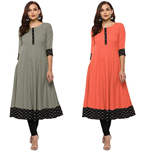 Image of NATEK Plain Cotton Anarkali Dress Tops for Girls Women - Combo Set of 2 Grey, Peach Color X-Large Size