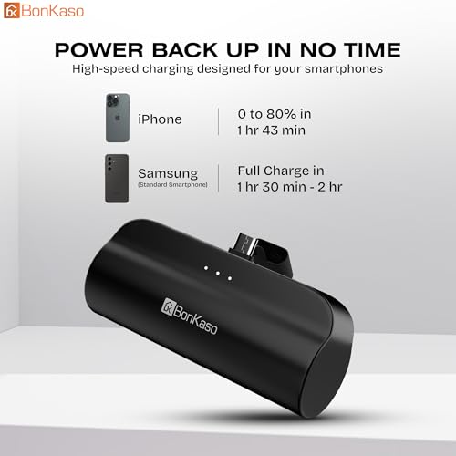 Image of BonKaso 5000mAh Mini Power Bank 15W PD Fast Charging, Built-in Type-C & i5 Cable, USB-C Input /Output, LED Indicator, Portable Charger with Mobile Stand for iPhone, Android - Black