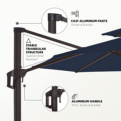 Wikiwiki 11Ft Double Top Round Patio Umbrella Outdoor Cantilever Umbrella W/36 Month Fade Resistance Recycled Fabric, 6-Level 360°Rotation Aluminum Pole For Deck Pool Garden, Navy #TOP3