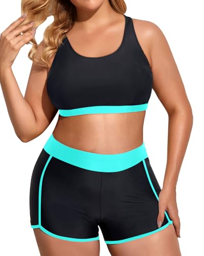 Image of Holipick Women Plus Size Swimsuits - Athletic 3 Piece Tankini with Shorts | Sports bikini top, high waist shorts, tank top, removable pads. Athletic style for water activties