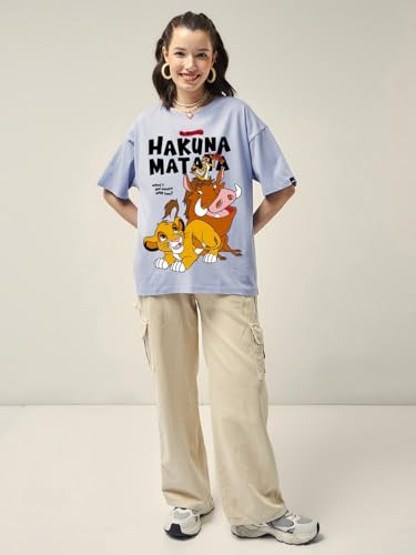 Image of Bewakoof X Disney Hakuna Matata Women's Cotton Graphic Print Oversized Fit Half Sleeve Round Neck T-Shirt | Casual wear | Streetwear | Oversized Tshirt for Woman Cotton| Baggy