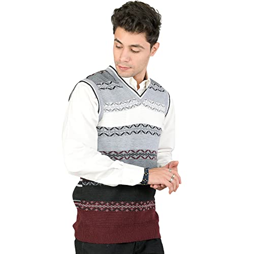 Image of Men Woolen V-Neck Printed Design Sleeveless Pullover Heavy Rainbow Fabric Winter Wear Pure Wool Cardigan Regular Coaty Fully Warm Heavy Pullover Cardigans Free Sizes