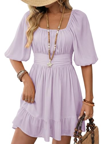 Dokotoo Women Square Neck Spring Dresses for Women 2026 Lantern Sleeve Ruffle A-Line Flowy Sundress Shirred Elastic Waist Tie Backless Light Purple Sexy Dress Plus Size Casual Dresses Large