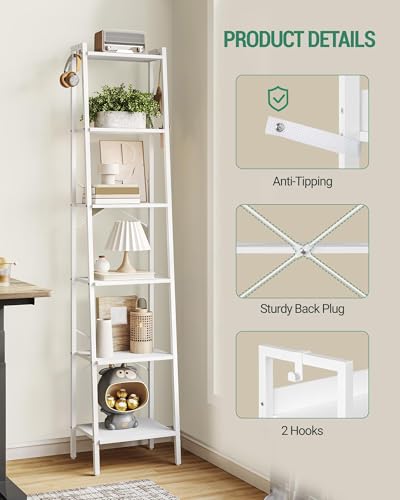 Hzuaneri-Ladder-Shelf-Bookshelf-Freestanding-Corner-Storage-Shelf-Bookcase-with-2-Hooks-for-Office-Living-Room-Kitchen-Bedroom-Industrial-118D-x-134W-x-728H-White-BC13313W