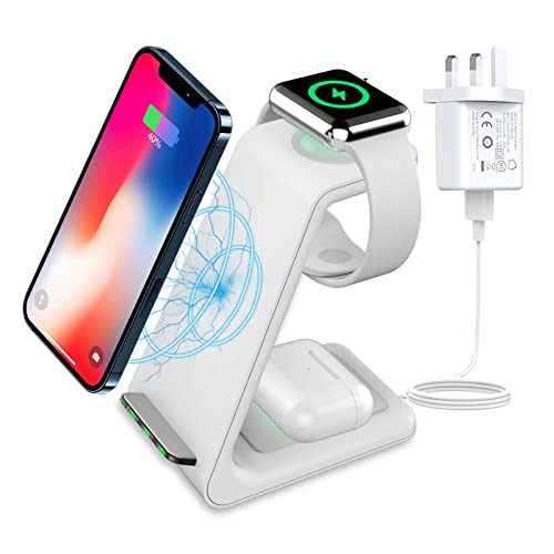 Wireless Charger 3 in 1 for Apple Devices,18W Charging Station Stand Dock for iPhone 15/14/13/12/11 Pro/Pro Max/XS/XR/X/8(Plus), Apple Watch 9/8/7/6/5/4/3/2/SE,AirPods Pro/3, Qi-Phones (White)