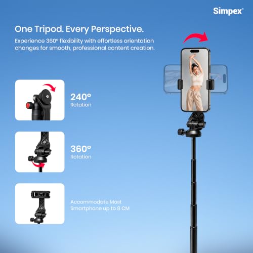 Image of Simpex SST-63 160cm Aluminum Tripod Selfie Stick with Wireless Remote, 360 Ball Head, 7-Section Extendable Stand, 3-Leg Stable Base & Compatible with Smartphones & Action Cameras