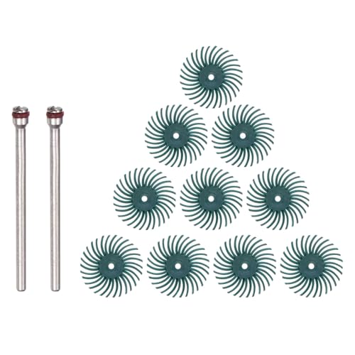 Image of HARFINGTON 10pcs Radial Bristle Disc Set 1 inch 80 Grit Detail Abrasive Brush Kit Gap Polishing Wheel Assortment with 1 /8 inch Mandrels Shank for Jewelry Wood Metal Polishing Cleaning, Green