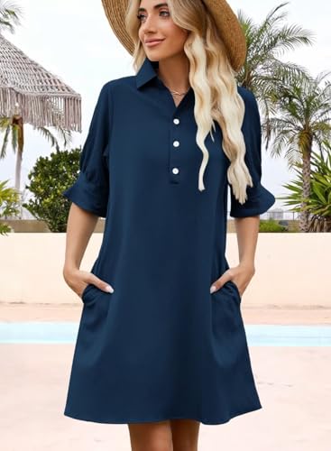 Image of Womens Summer Shirt Mini Dresses 2026 Beach | Flowy Shift Dress, Button V Neck, Polo Collar, Ruffle Short Sleeve, Floral Boho Style, Casual Vacation Outfits with Pockets