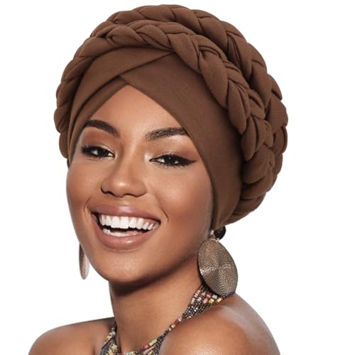 Image of DRESHOW African Women Turban Caps Cotton Beanie Twist Headscarf Pre-Tied Double Twisted Braids Wrap Hat Chemo Cancer Cap