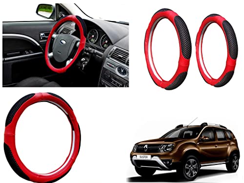 Image of Microfiber Car Steering Wheel Cover, Soft Padding Great Hand Feel, Anti-Slip, Faux Leather Steering Cover for Renault Duster 2016 | Black Red Jali - Pack of 1