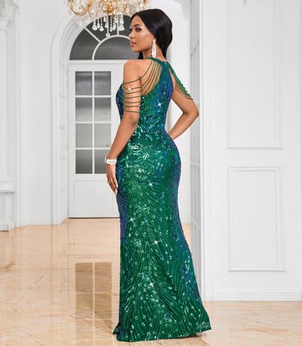 Image of Cololura Women Sexy Elegant Sequin Tassel Off Shoulder Halter Bodycon Maxi Dress Party Evening Gown Formal Dress