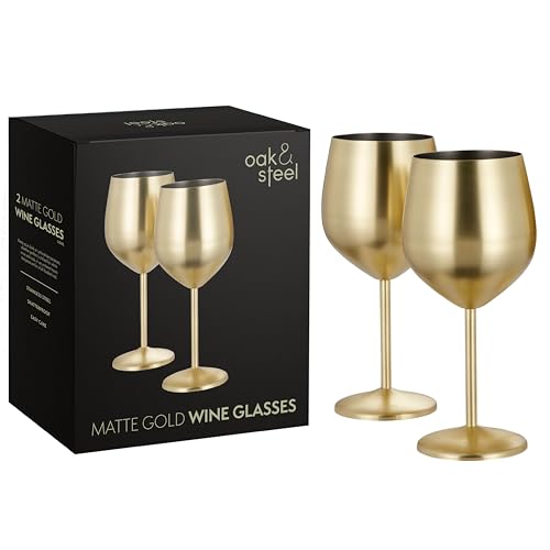 Oak & Steel - 2 grands verres à vin élégants en or mat, 550 ml - Set cadeau en verre incassable pour le bar de la maison, mariage, jubilé, fête d'anniversaire, verres à vin de plein air et de camping
