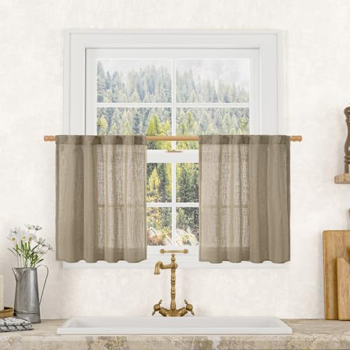LAMIT Taupe Linen Curtains 24 Inch Length for Cafe, Semi Sheer Light Filtering Panels Back Tab and Rod Pocket Small Window Drapes for Basement, 2 Panels, 34 x 24 Inch