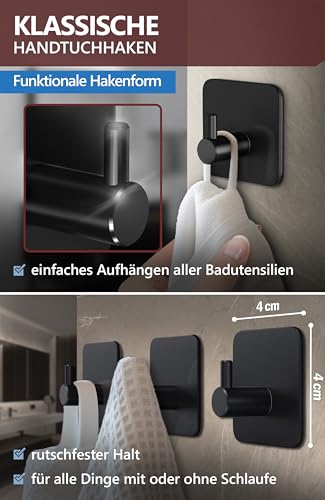 4smile Handtuchhalter ohne Bohren, 6er-Set, selbstklebende Handtuchhaken aus 304 Edelstahl, wasserdichte Klebehaken für Badezimme und Küche, 10 kg, schwarz Haken für Fliesen 3