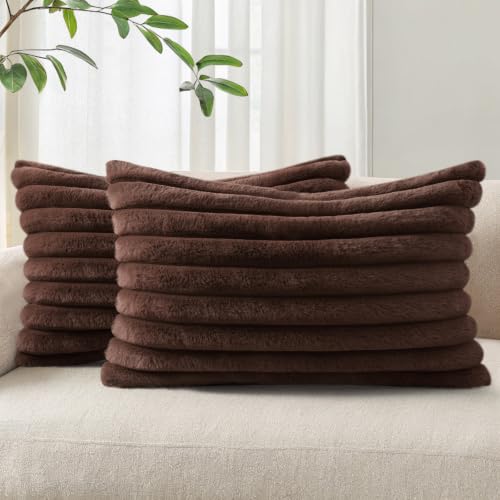 Image of Pallene Faux Fur Plush Lumbar Throw Pillow Covers 12x20 Set of 2, Luxury Soft Fluffy Striped Decorative Pillow Covers for Sofa, Couch, Living Room, Dark Brown